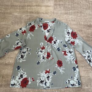 Ticosa brand Long Sleeve Deep V-neck Shirt Red/Green Print Tunic Length Size XL